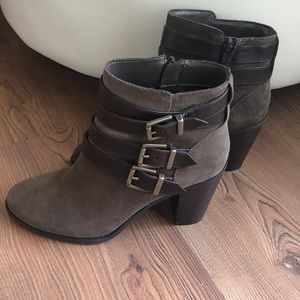 Brown suede INC boots with gold accent buckle
